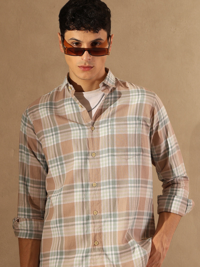 DENNISON Men Peach Checked Shirt