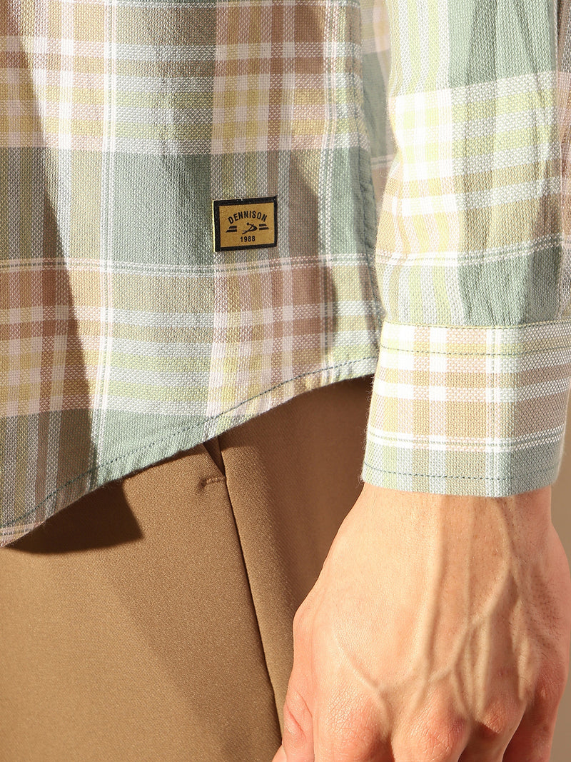 DENNISON Men Sea Green & Pink Checked Shirt