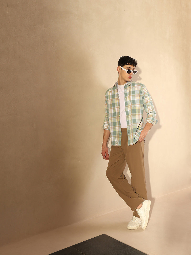 DENNISON Men Sea Green & Pink Checked Shirt