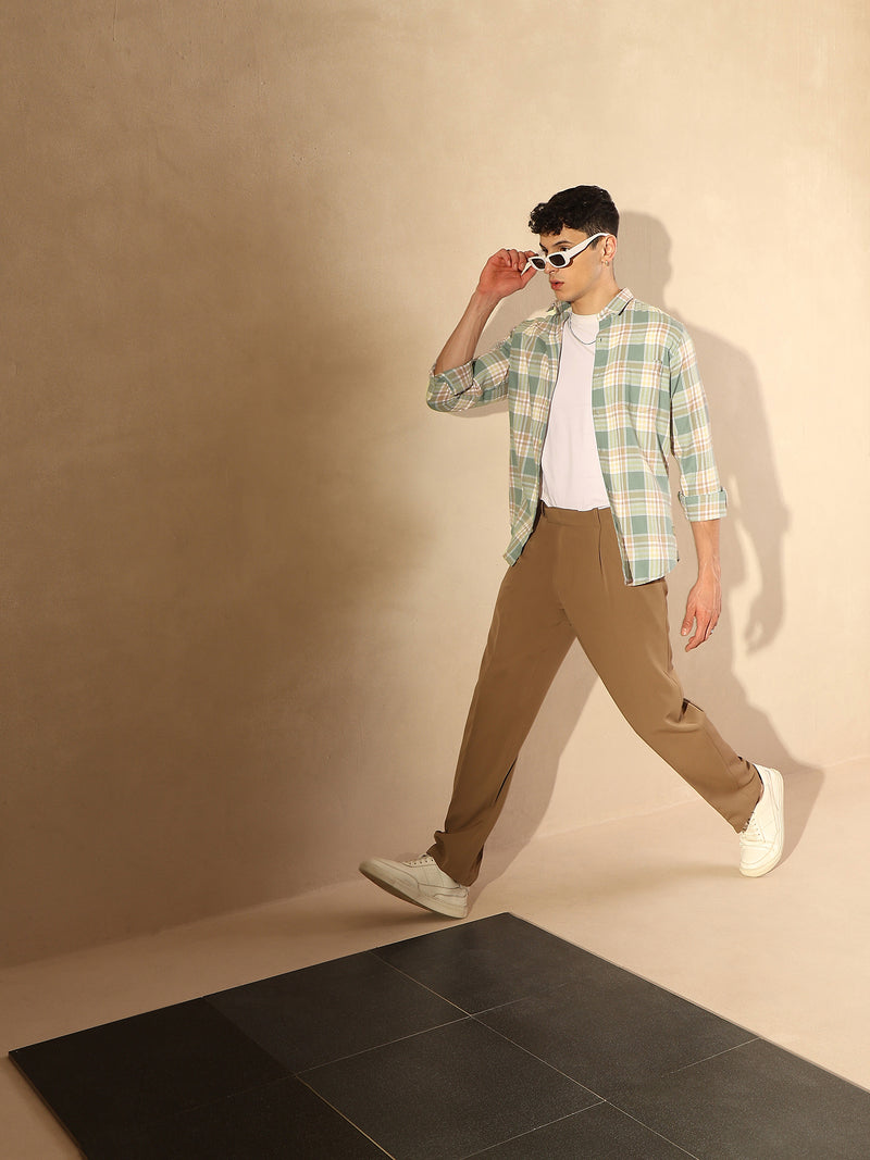 DENNISON Men Sea Green & Pink Checked Shirt