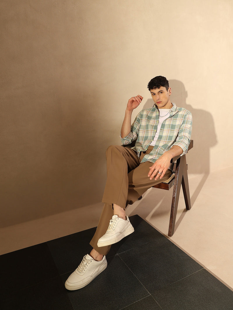 DENNISON Men Sea Green & Pink Checked Shirt