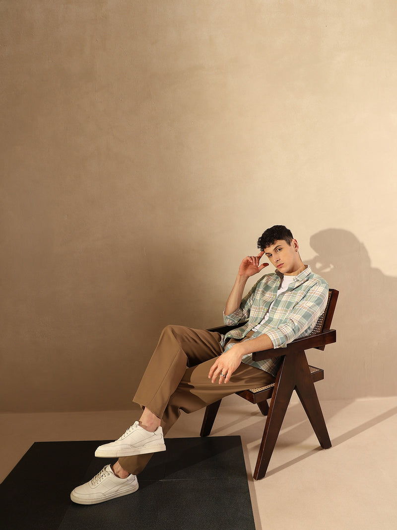 DENNISON Men Sea Green & Pink Checked Shirt