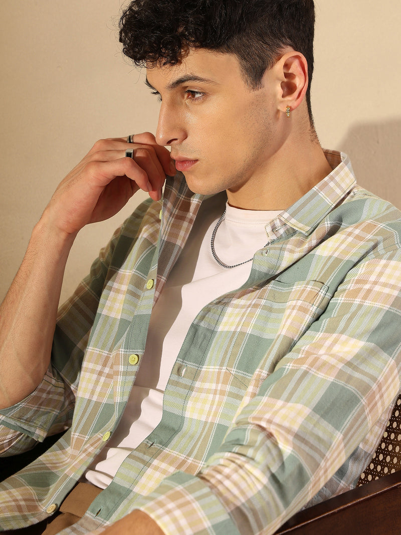 DENNISON Men Sea Green & Pink Checked Shirt