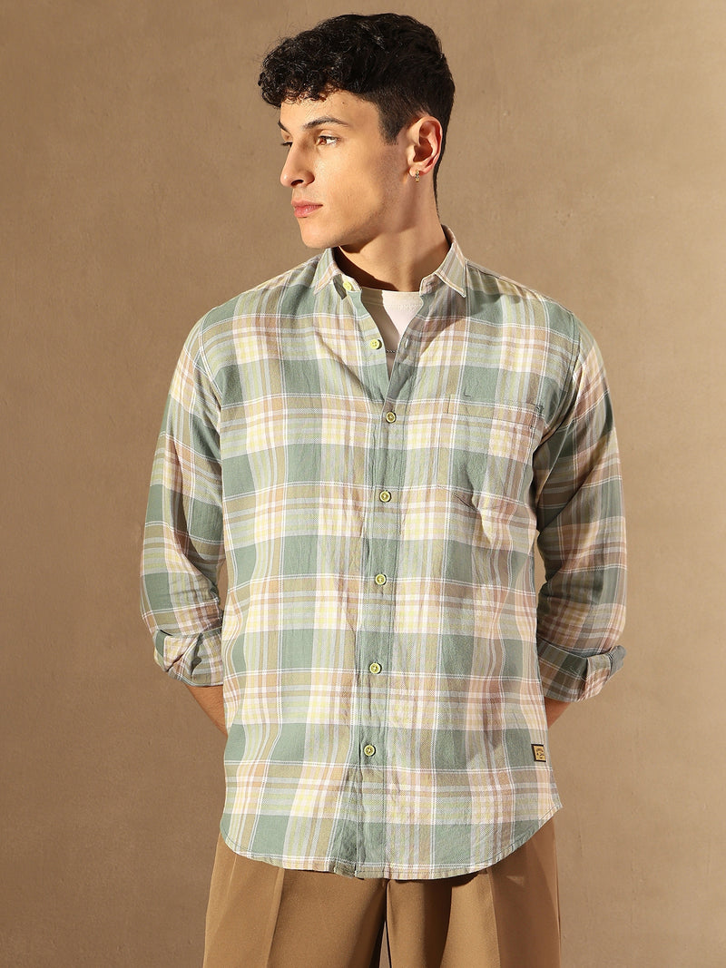 DENNISON Men Sea Green & Pink Checked Shirt