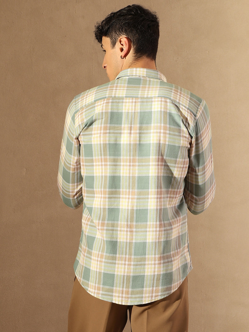 DENNISON Men Sea Green & Pink Checked Shirt