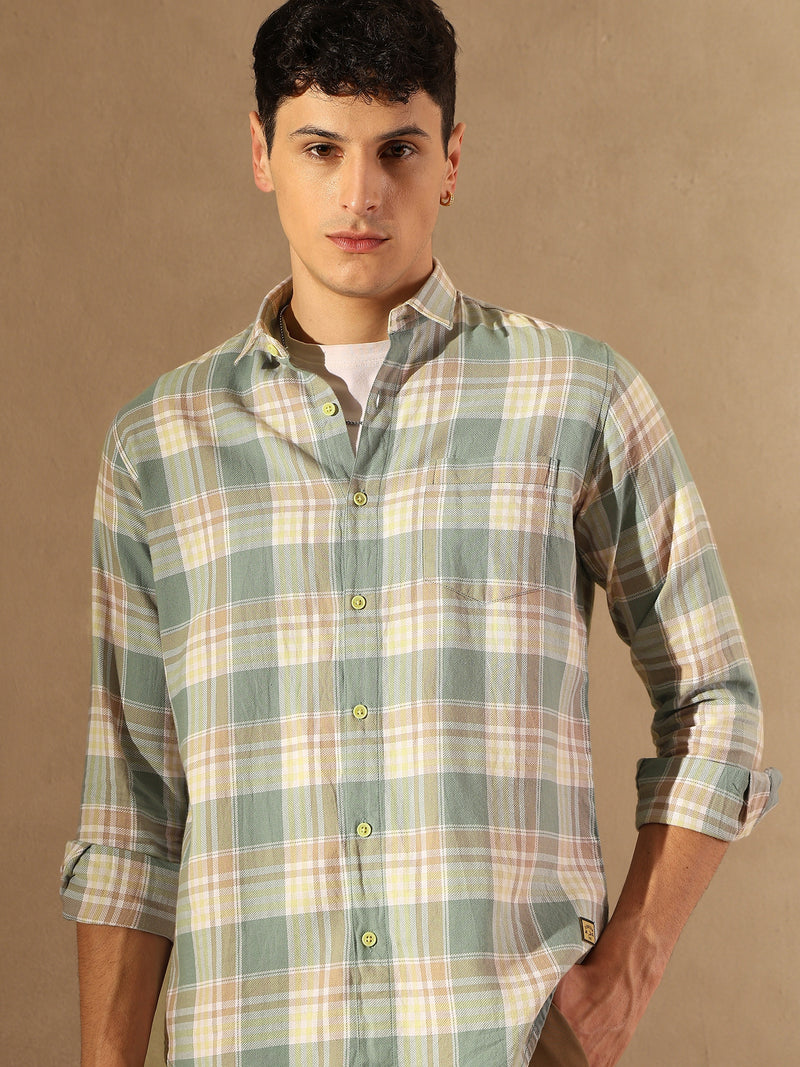 DENNISON Men Sea Green & Pink Checked Shirt