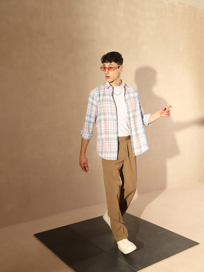 DENNISON Men White & Blue Checked Shirt