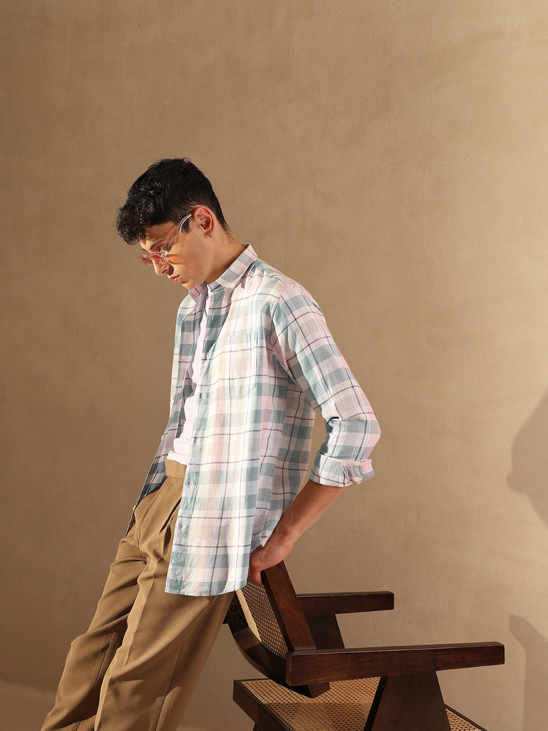 DENNISON Men White & Blue Checked Shirt