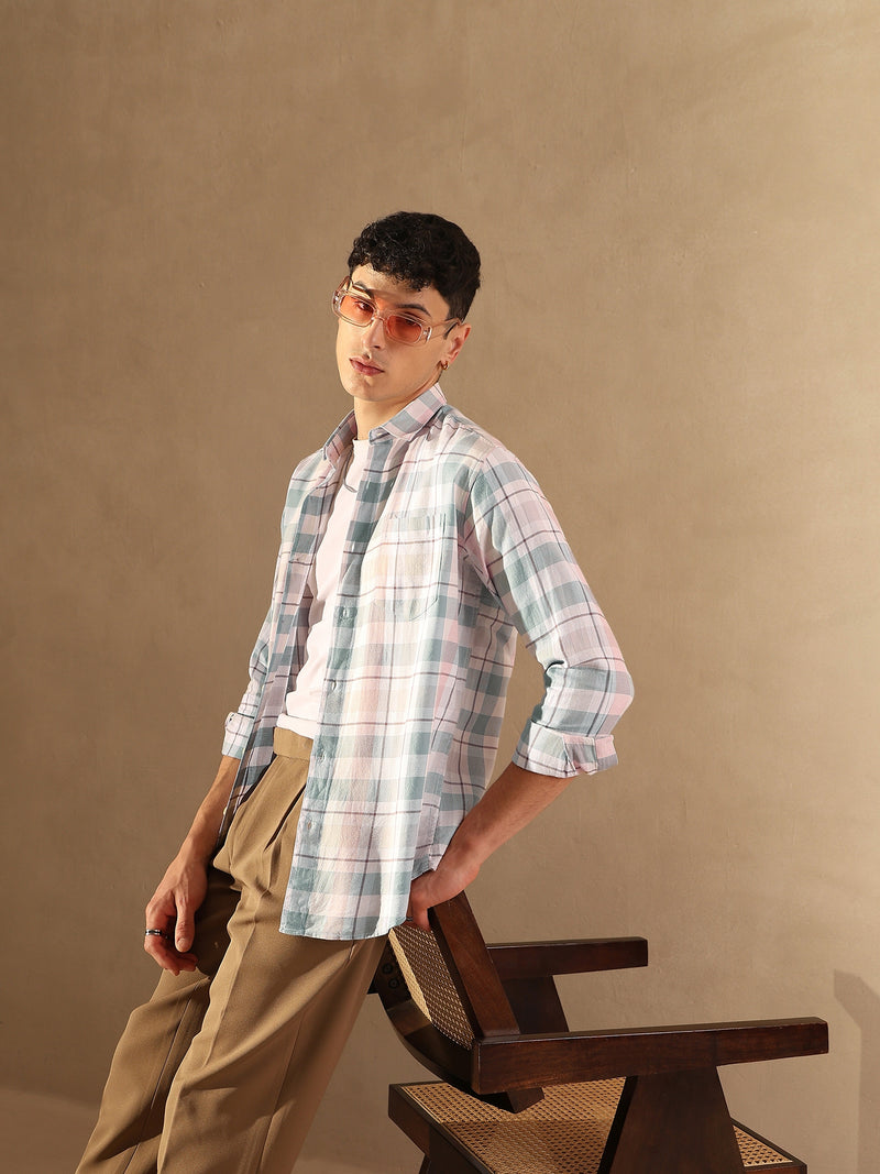 DENNISON Men White & Blue Checked Shirt