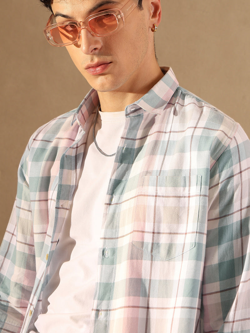 DENNISON Men White & Blue Checked Shirt