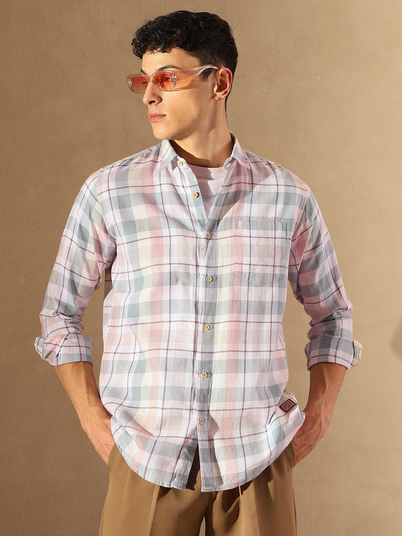 DENNISON Men White & Blue Checked Shirt