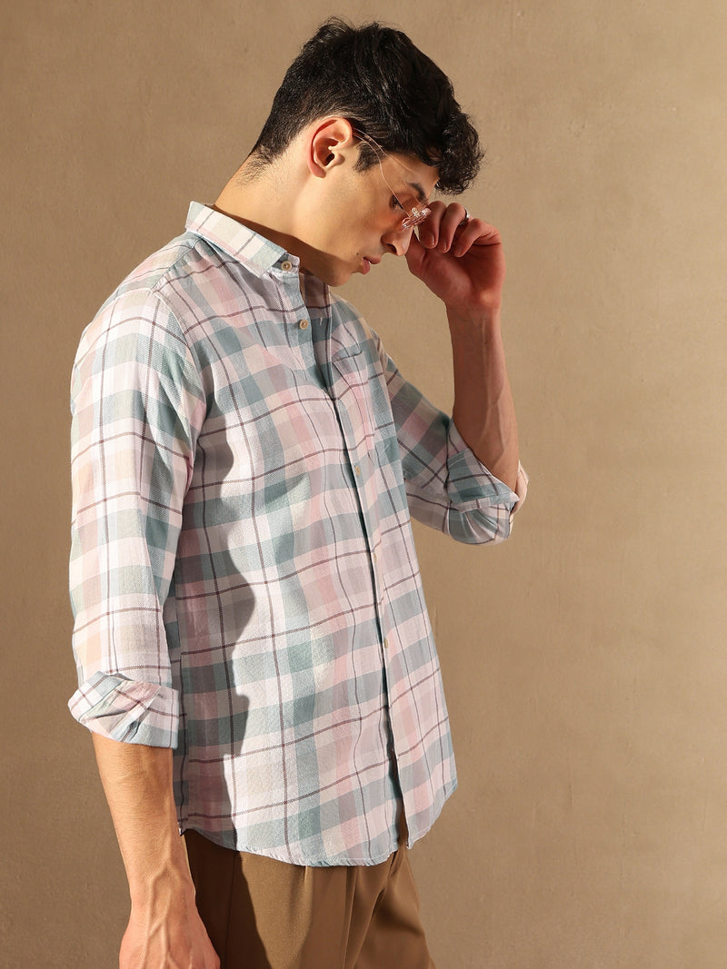 DENNISON Men White & Blue Checked Shirt