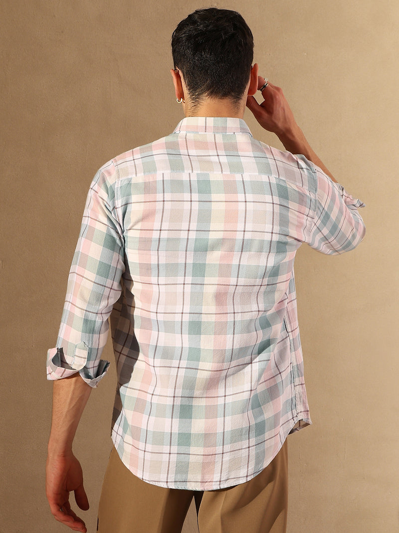 DENNISON Men White & Blue Checked Shirt