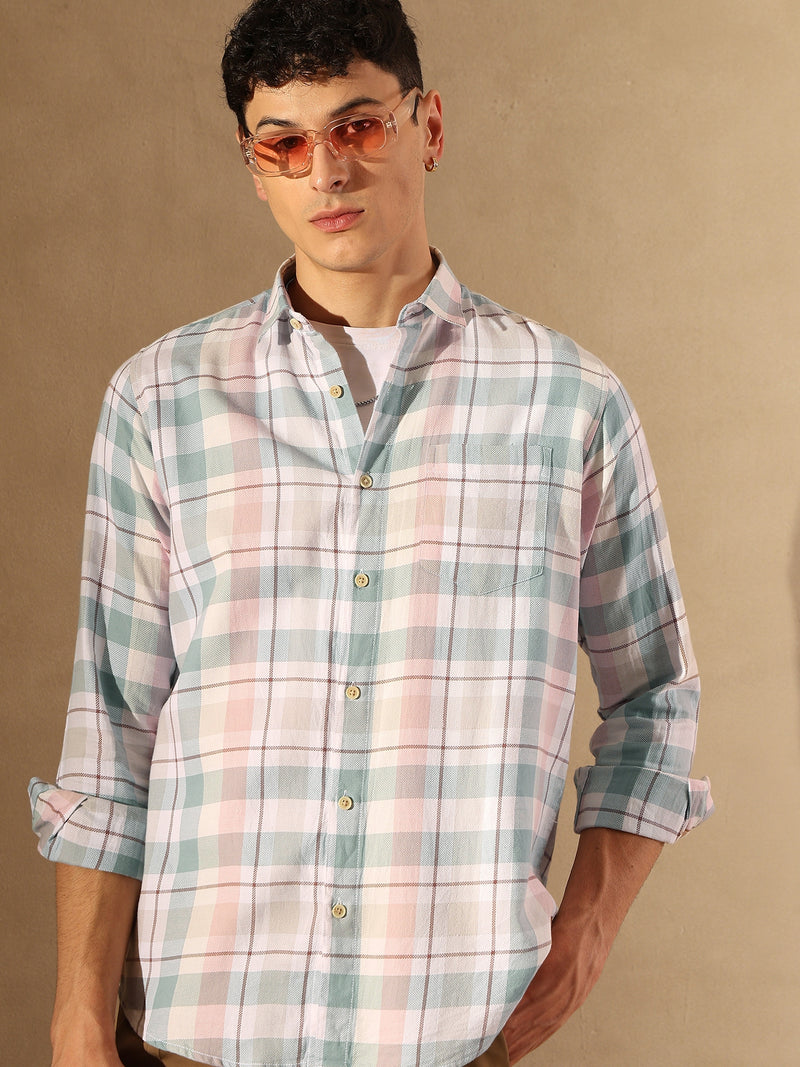 DENNISON Men White & Blue Checked Shirt