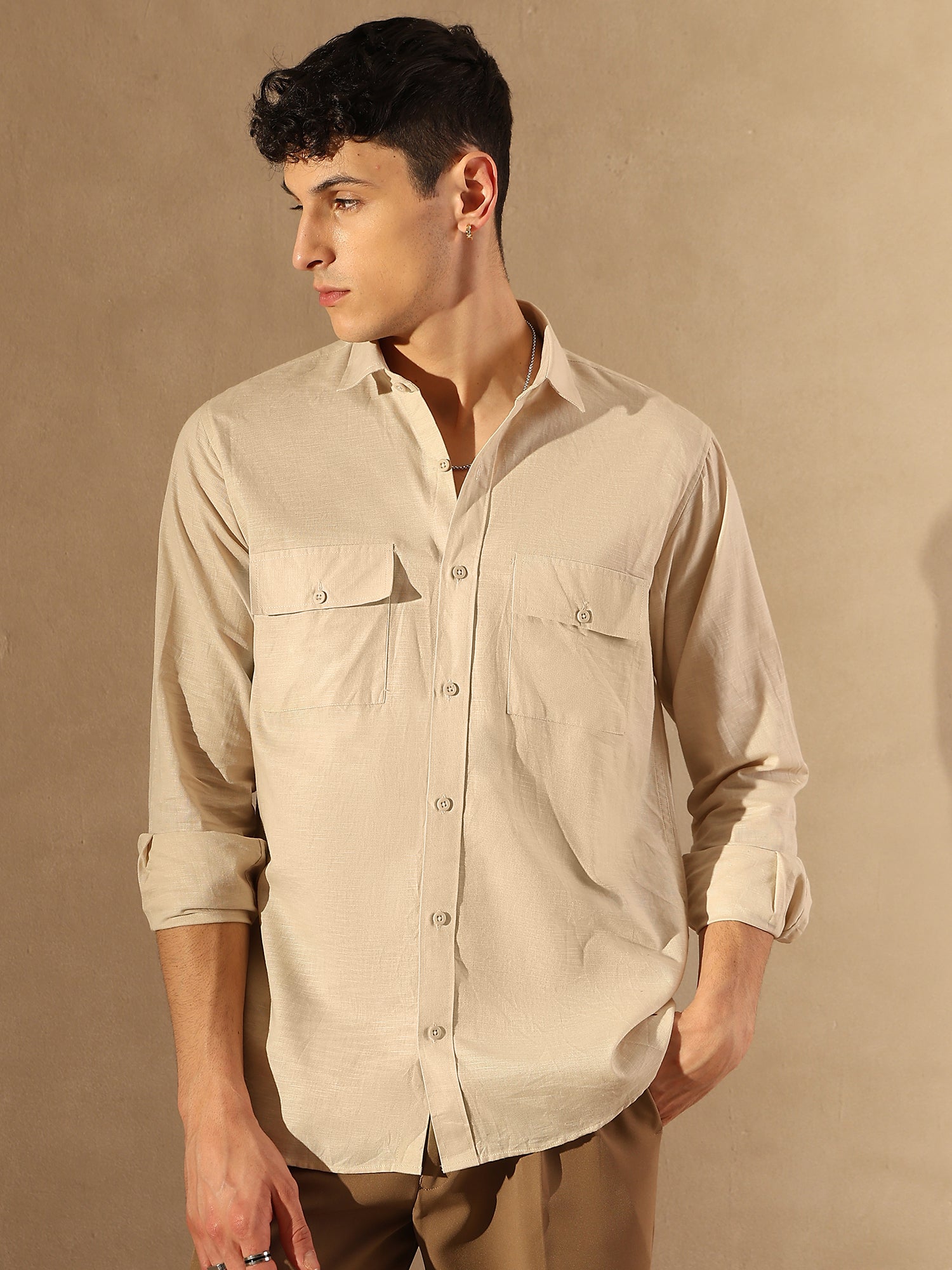 Beige Double Pocket Cotton Linen Shirt - Main Image