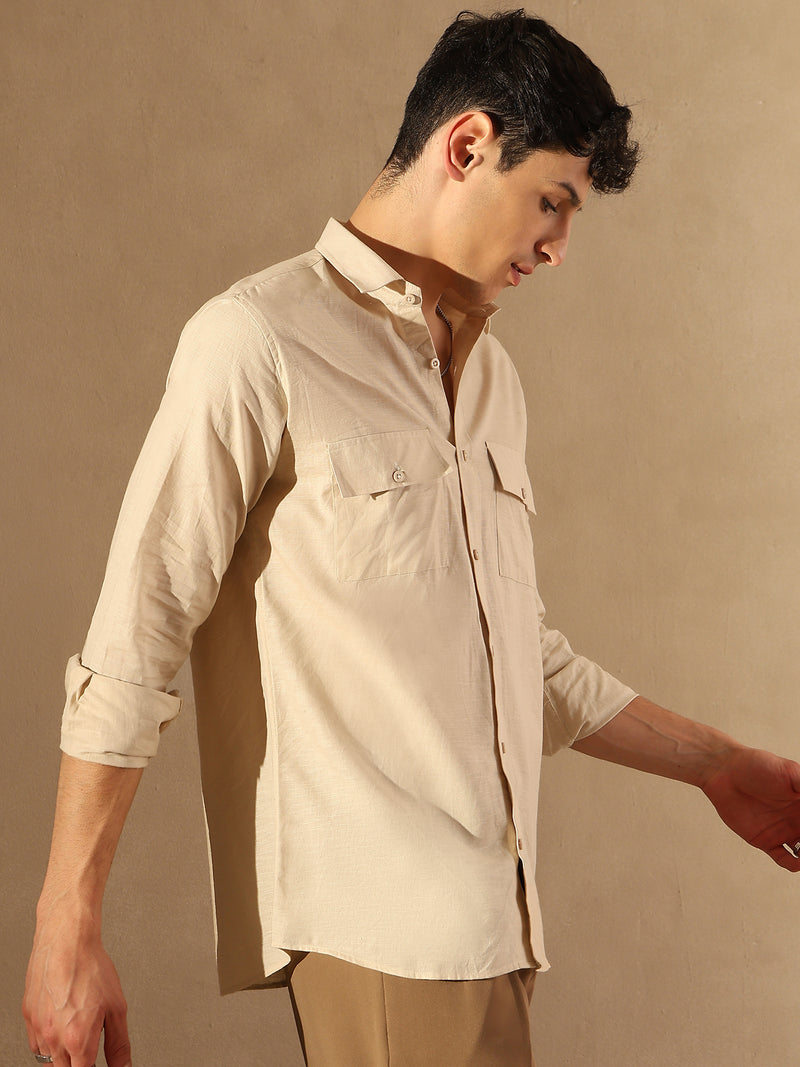 Beige Double Pocket Cotton Linen Shirt