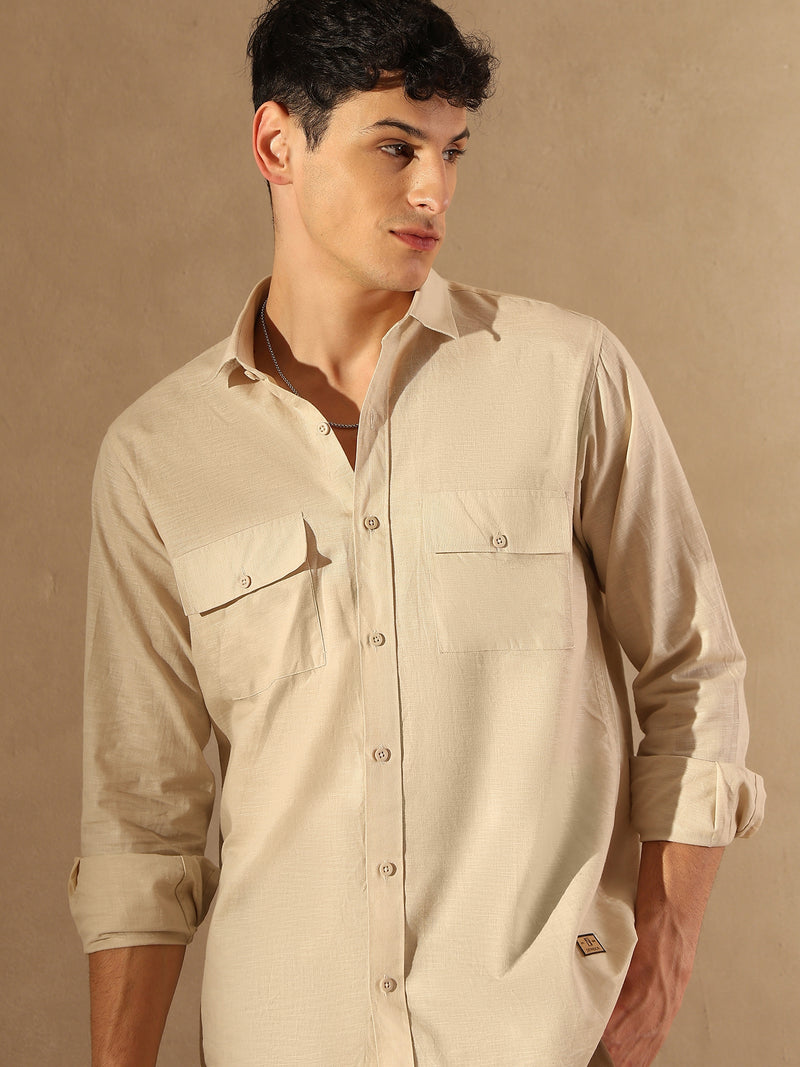 Beige Double Pocket Cotton Linen Shirt