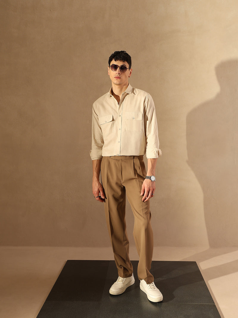 Beige Double Pocket Cotton Linen Shirt