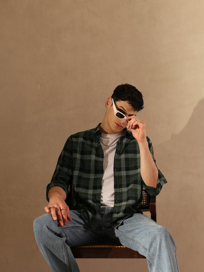 DENNISON Men Dark Green & Grey Checked Shirt
