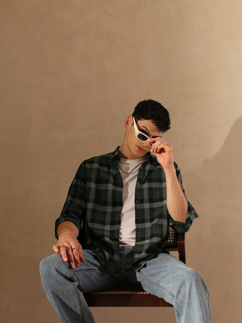 DENNISON Men Dark Green & Grey Checked Shirt