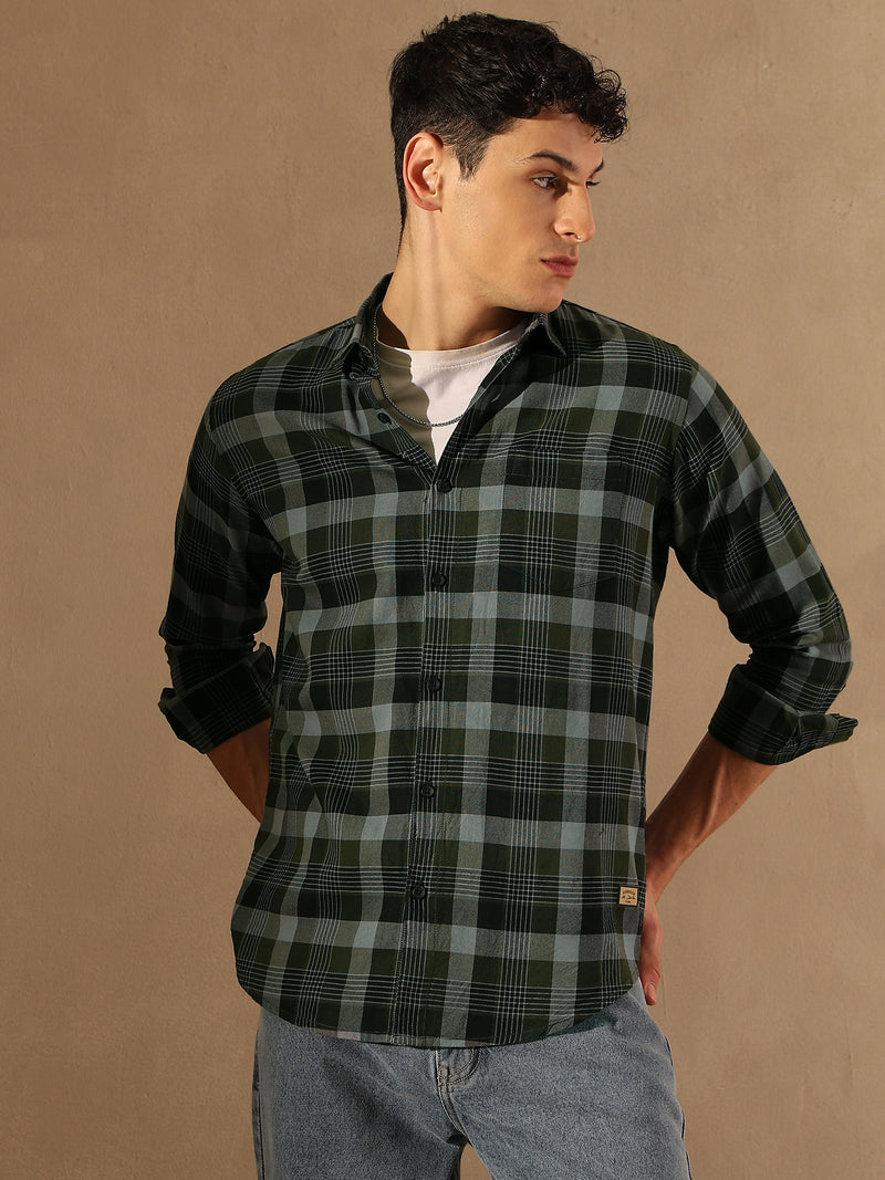 DENNISON Men Dark Green & Grey Checked Shirt