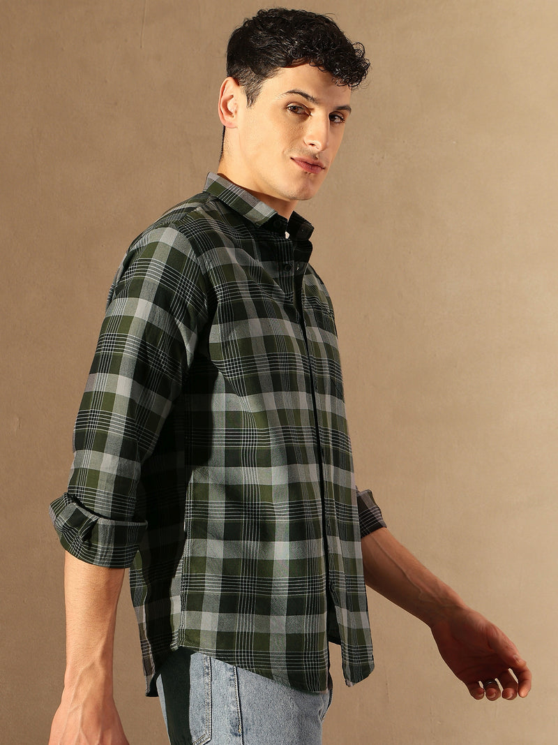DENNISON Men Dark Green & Grey Checked Shirt