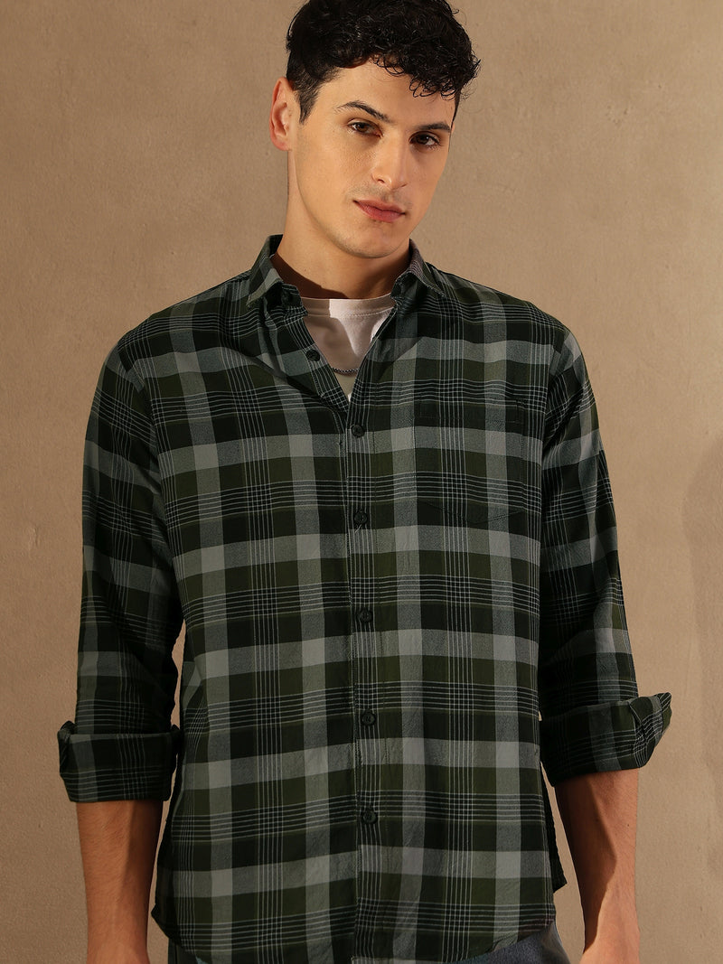 DENNISON Men Dark Green & Grey Checked Shirt