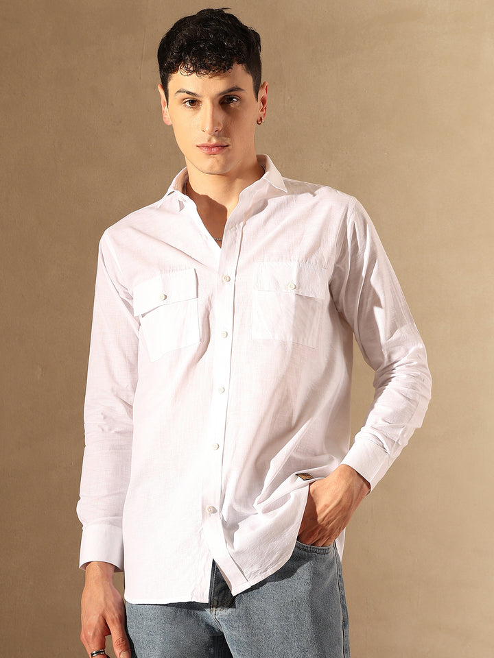 White Double Pocket Cotton Linen Shirt