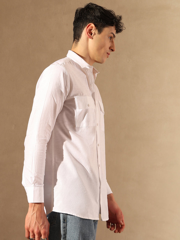 White Double Pocket Cotton Linen Shirt