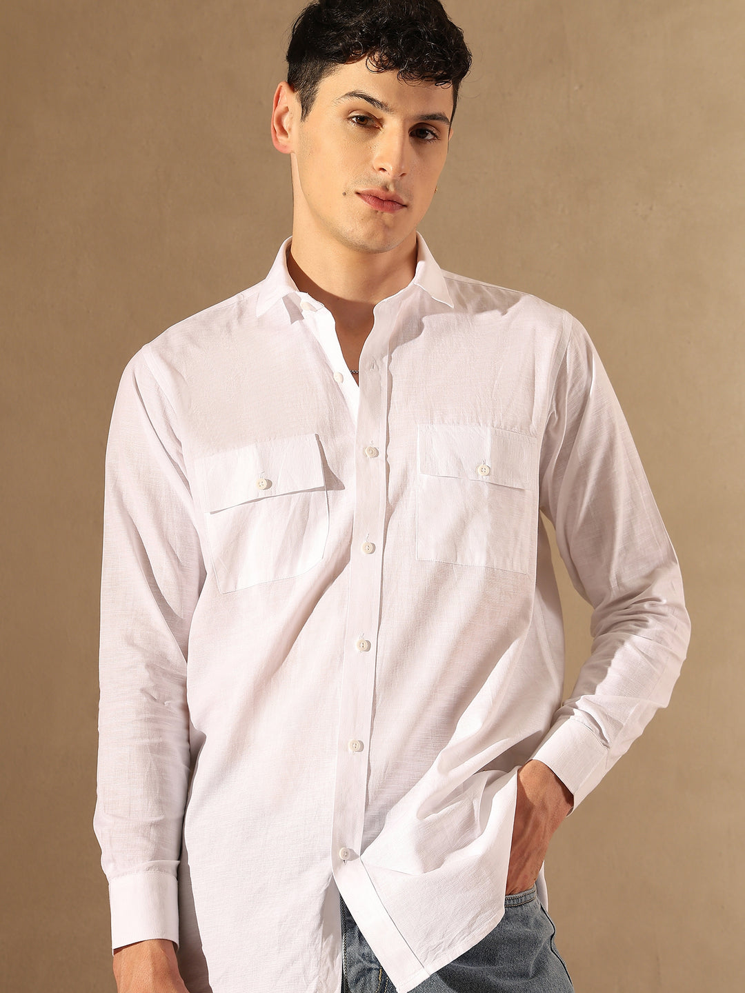 White Double Pocket Cotton Linen Shirt