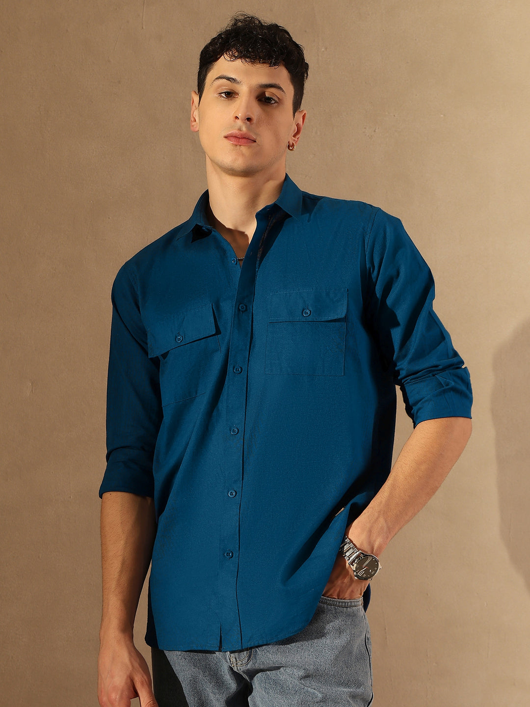 Blue Double Pocket Cotton Linen Shirt