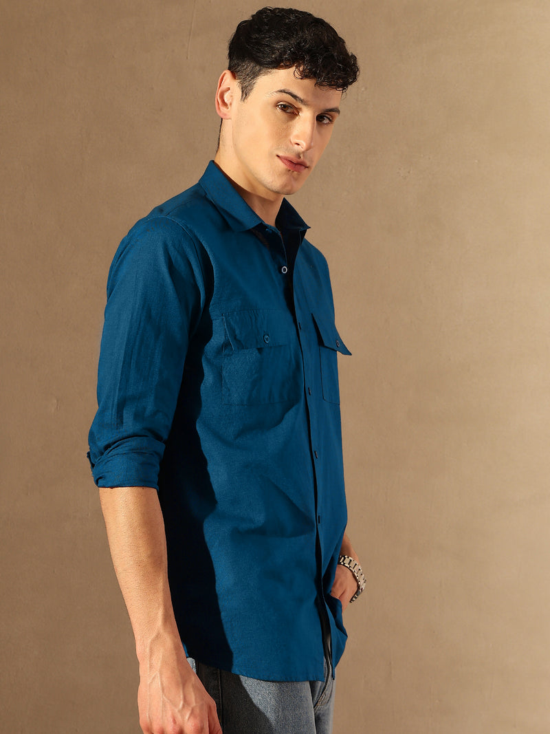 Blue Double Pocket Cotton Linen Shirt