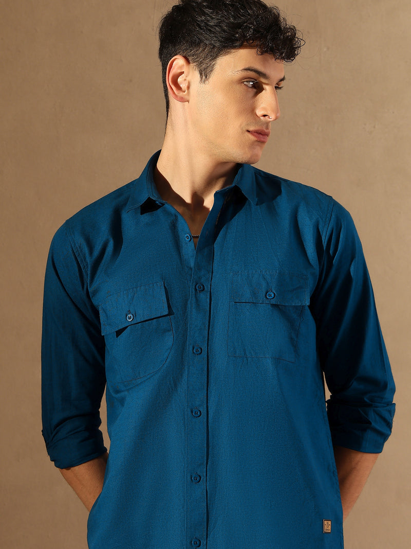 Blue Double Pocket Cotton Linen Shirt