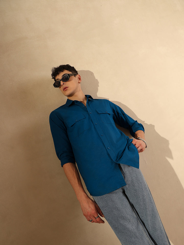 Blue Double Pocket Cotton Linen Shirt