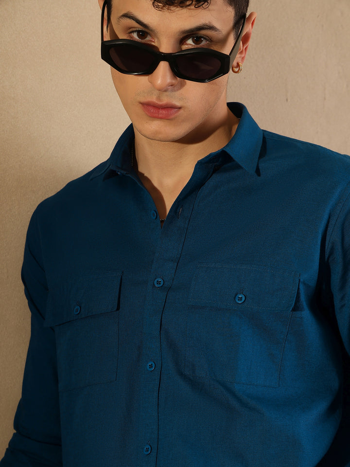 Blue Double Pocket Cotton Linen Shirt