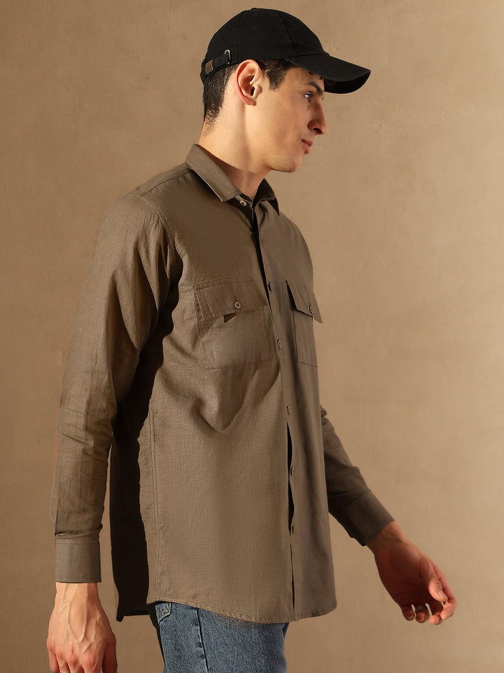 Brown Double Pocket Cotton Linen Shirt