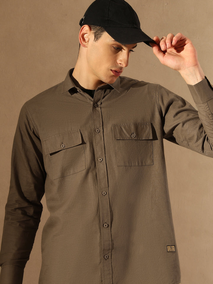 Brown Double Pocket Cotton Linen Shirt