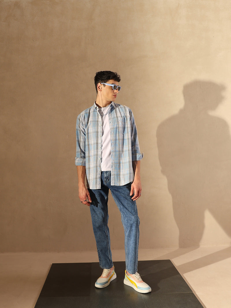 DENNISON Men Skyblue & Grey Checked Shirt