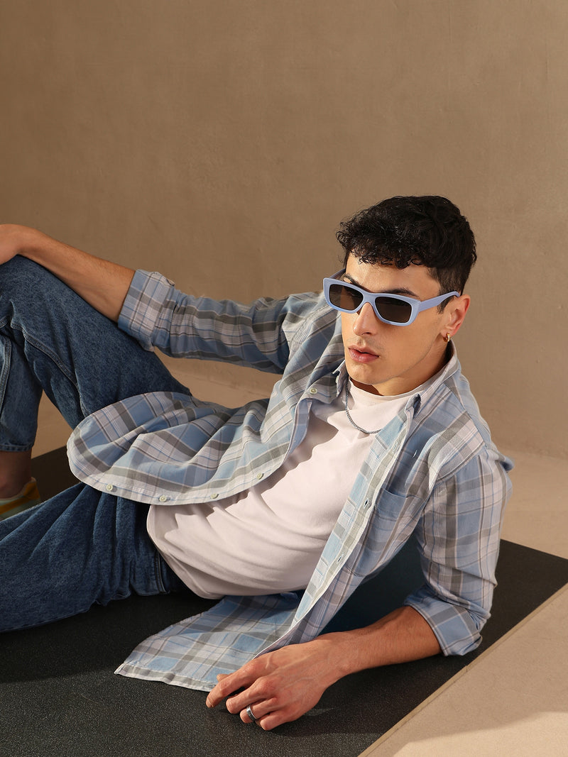 DENNISON Men Skyblue & Grey Checked Shirt