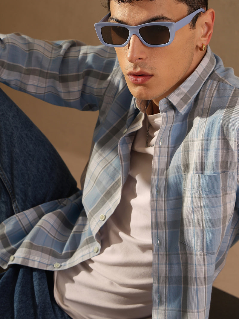 DENNISON Men Skyblue & Grey Checked Shirt