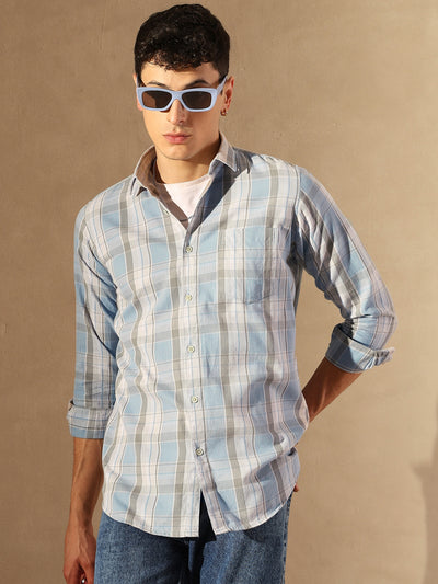 DENNISON Men Skyblue & Grey Checked Shirt
