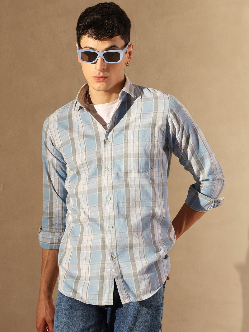DENNISON Men Skyblue & Grey Checked Shirt
