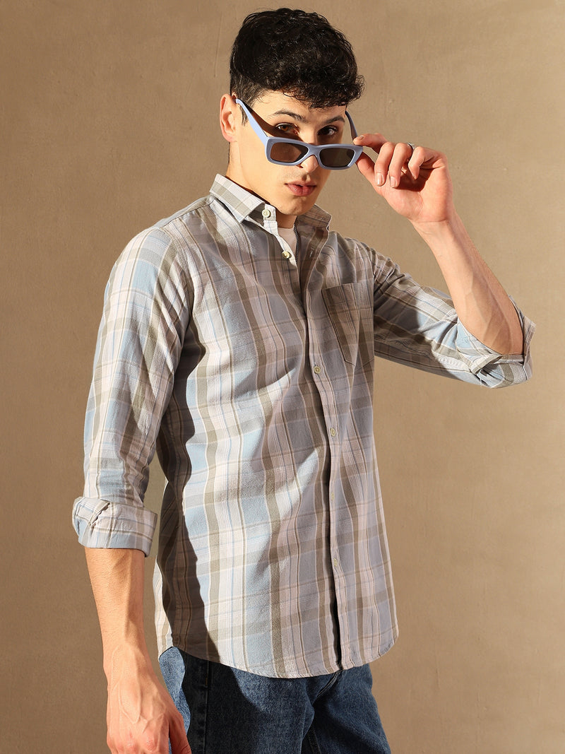 DENNISON Men Skyblue & Grey Checked Shirt
