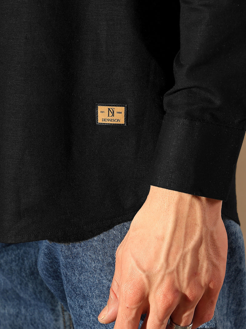 Black: Double Pocket Cotton Linen Shirt