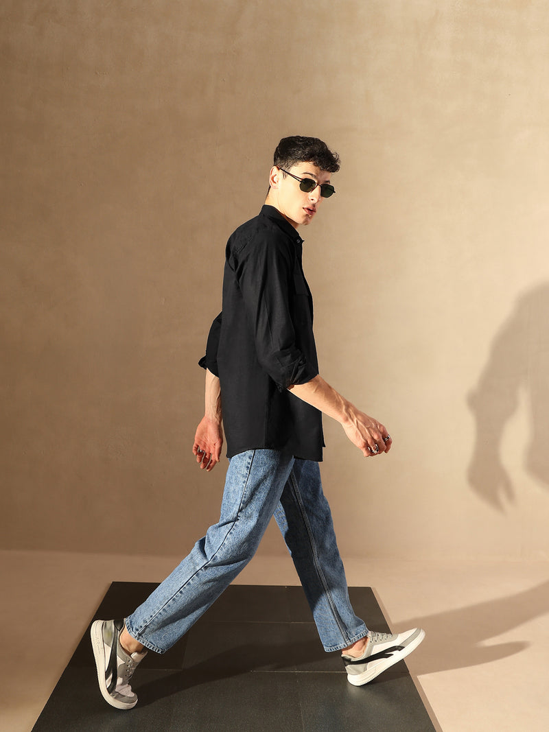 Black: Double Pocket Cotton Linen Shirt