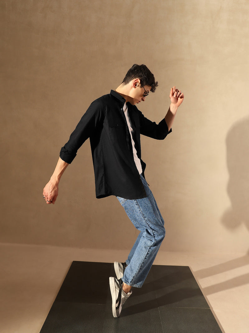 Black: Double Pocket Cotton Linen Shirt