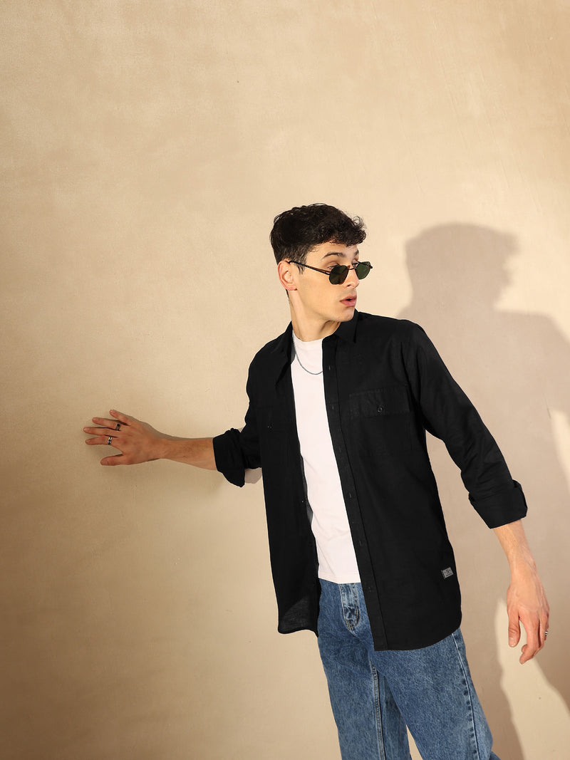 Black: Double Pocket Cotton Linen Shirt