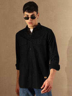 Black: Double Pocket Cotton Linen Shirt