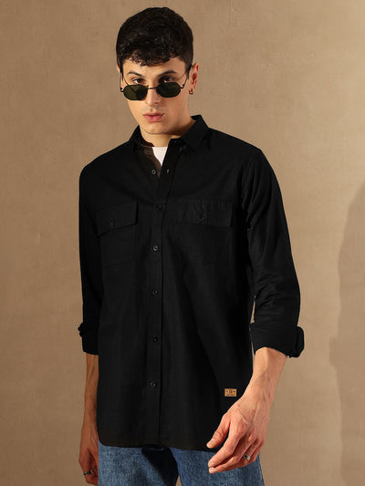 Black: Double Pocket Cotton Linen Shirt