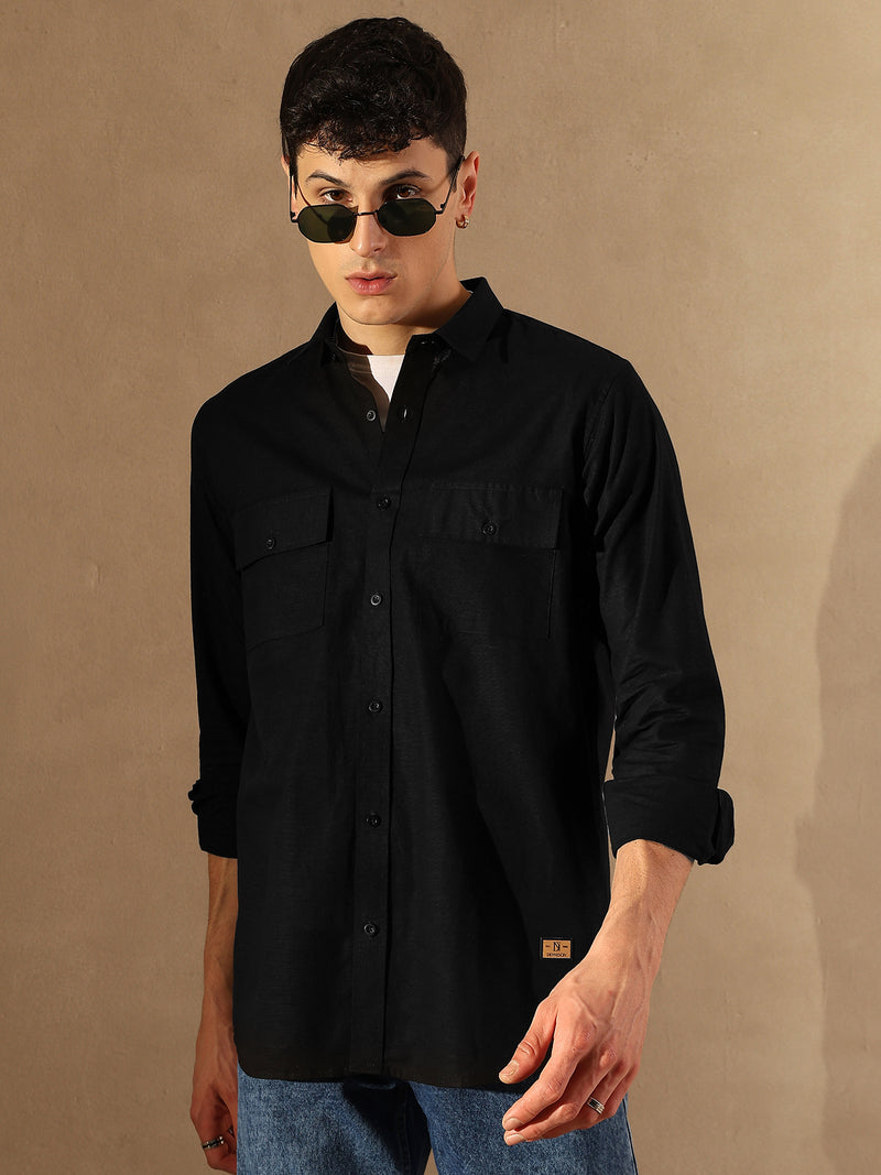 Black: Double Pocket Cotton Linen Shirt